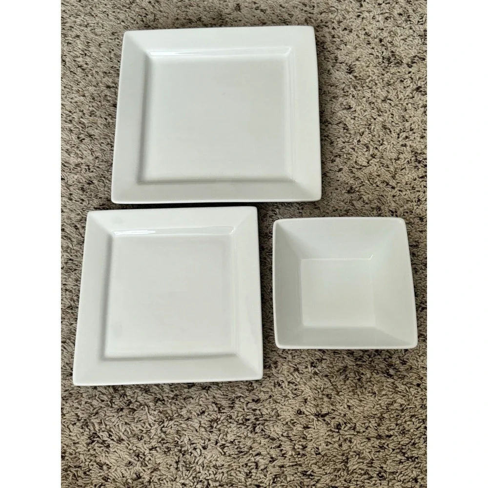 Canopy‎ Square White Dinner Salad Plate Cereal Soup Bowl HEAVY 3 Piece Set